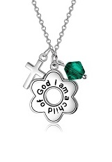 nice silver simulated emerald cross baby birthstone necklace